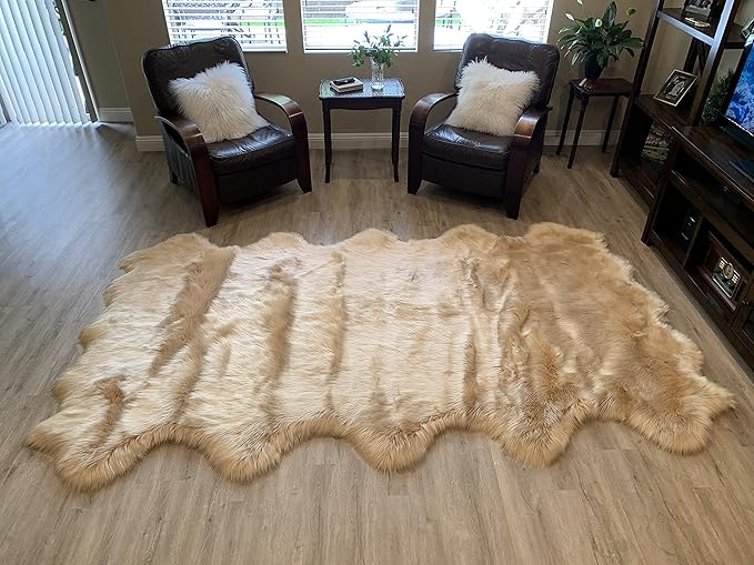 LAMBZY Faux Sheepskin Super Soft Hypoallergenic Silky Shag Rug for Living Room, Kids Room, Sofa (Decto 10 Pelts 6'x10', Beige)