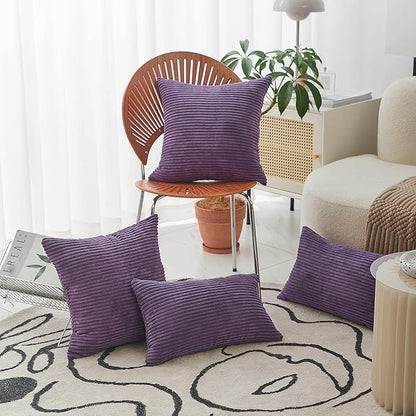Home Brilliant Purple Pillow Covers Set of 2 Striped Velvet Corduroy Decorative Euro Sham Throw Pillow Cover for Couch, 26 x 26 inch, Eggplant
