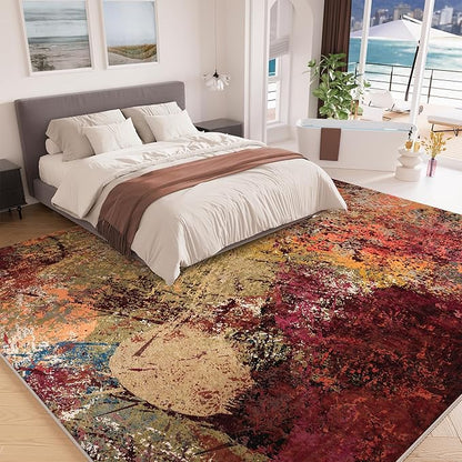 Arbosofe Modern Abstract Rug for Living Room, 8'x10' Washable Area Rug with Non-Slip Backing & Short Pile, Large Carpet with Abstract Pattern for Living Room Bedroom and Dining Floor Carpet Red Orange