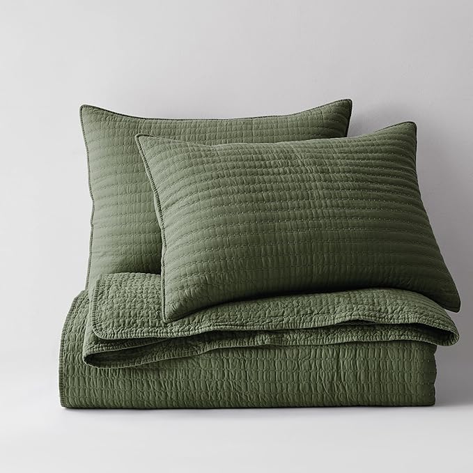 WDCOZY 100% Cotton Oversized King Size Quilt Set - Olive Green California Cal King Striped Pick Stitch Soft Lightweight Bedspread, Textured Like Linen, Farmhouse Country Rustic Coverlet, 3 Pieces