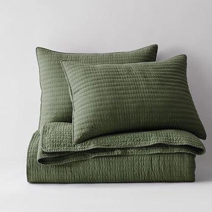 WDCOZY 100% Cotton Oversized King Size Quilt Set - Olive Green California Cal King Striped Pick Stitch Soft Lightweight Bedspread, Textured Like Linen, Farmhouse Country Rustic Coverlet, 3 Pieces