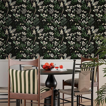 Dark Floral Wallpaper Peel and Stick Green Leaf Wallpaper Vintage Flowers Contact Paper Waterproof Self Adhesive Boho Delicate Wall Paper for Cabinet Kitchen Walls Locker 17.5in x9.8ft