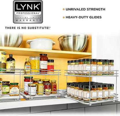 LYNK PROFESSIONAL® Pull Out Spice Rack Organizer for Inside Kitchen Cabinets - 10-3/8 inch Wide - Slide Out Drawer – Chrome Sliding Spice Cabinet Organization Shelf Racks - 2 Tier