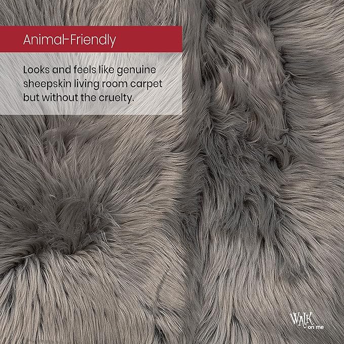 Silky Soft Faux Fur Shaggy Rug, 8 ft. x 10 ft. Gray Fluffy Sheepskin AreaRug, Rectangle Rug for Living Room, Bedroom, Kid's Room, or Nursery, Home Décor Accent, Machine Washable with Non-Slip Backing
