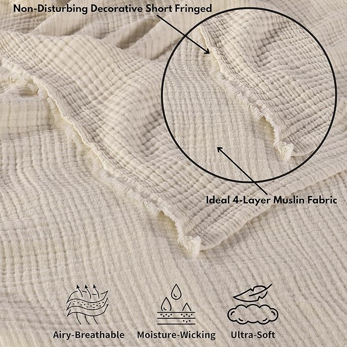 Muslin Blanket - Pure 100% Turkish Cotton Airy Soft Light Versatile Gauze Throw Blanket for Bed, Couch, Sofa (Natural, Throw Size (50" x 66" inch))