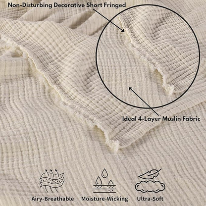 Muslin Blanket - Pure 100% Turkish Cotton Airy Soft Light Versatile Gauze Throw Blanket for Bed, Couch, Sofa (Natural, Throw Size (50" x 66" inch))