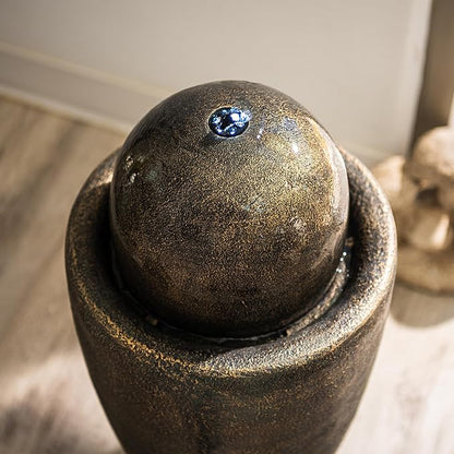 XBrand 26" Modern Sphere Water Fountain with LED Light – Indoor Outdoor Stone Texture Floor Fountain, Zen Bubbling Ball Water Feature for Garden Patio Porch - Bronze