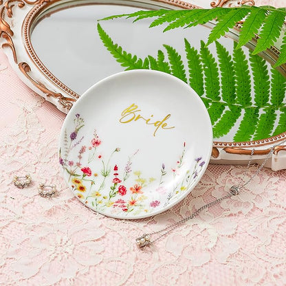 Crisky Bride Jewelry Ring Dish for Bridal Shower Wedding Gifts Engagement Gifts for Bride to Be Bachelorette Bridal Party, Fiance Gifts for Women Floral Trinket Tray