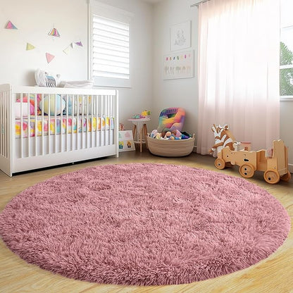 Round Fluffy Rugs 4Ft for Girls Bedroom, Blush Pink Shag Circle Kids Rug Non-Slip for Bedside Dorm Nursery Playroom, Soft Cute Area Rugs for Living Room Decor