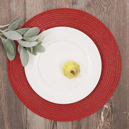 SHACOS Round Placemats Set of 4 Non Slip Washable Place Mats 15 inch Cotton Polyester Braided Placemat for Christmas Home Wedding Party Dining Table Decor (Red, 4)