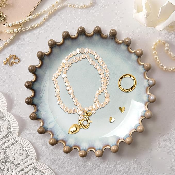 Ceramic Jewelry Dish, Decorative Tray for Rings Earrings Necklaces Bracelet Watch Keys, 4.50" Trinket Tray as Gifts for Women (Reactive Beads)