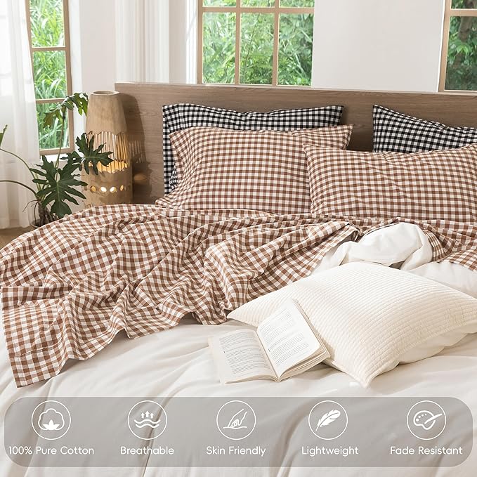 MooMee Gingham Sheet Set 100% Washed Cotton Linen Like Textured Breathable Soft w/Fully Elasticized 16-19" Deep Pocket (Classic Gingham Dark Orange, King)