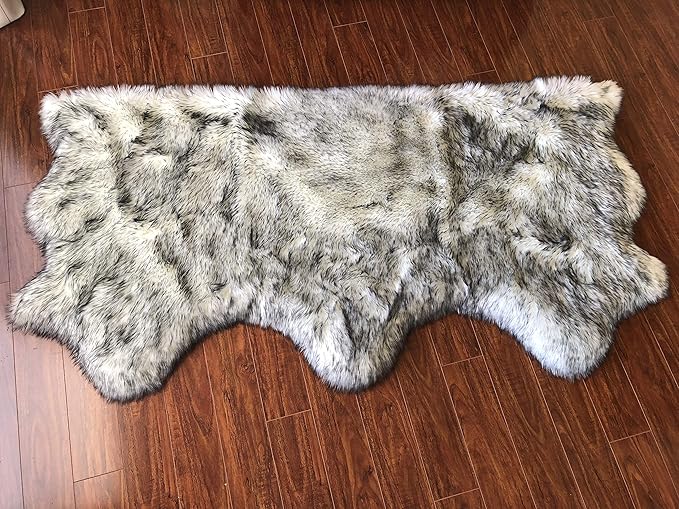Free Shape Luxury Soft Fluffy Shag Area Rug Triple Side by Side 3'x6', 90x180cm - Vegan Fur Ultra Soft Indoor Carpet Nursery Rugs for Bedroom Home Decor, White with Black Tips