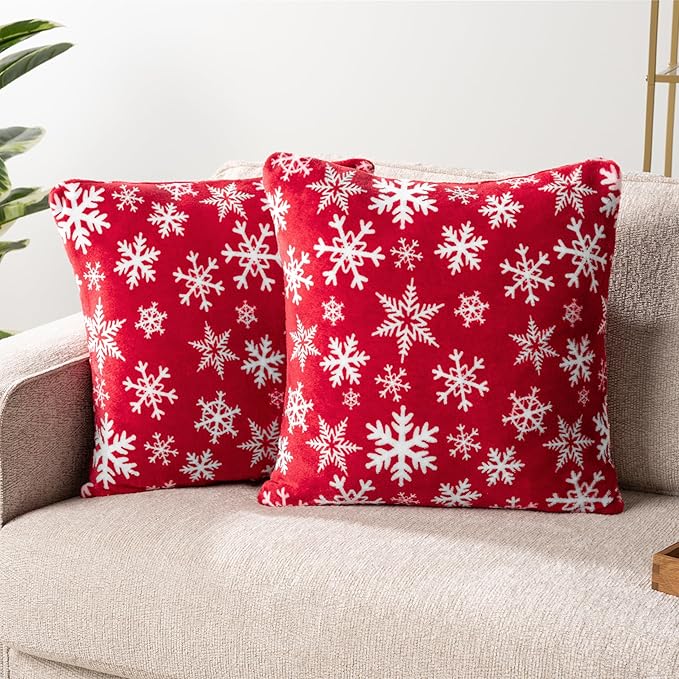 PAVILIA Holiday Throw Pillow Covers 18x18 Set of 2, Decorative Pillow Cases Bed Sofa Couch, Christmas Winter Accent Decor Cushion Bedroom Living Room, Velvet Square Euro Sham Covers, Snowflake Red