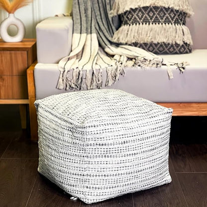 Chardin home Unstuffed Ottoman, Cozy & Bohemian Pouf Covers, Hand Crafted Casual Seating, Footrest, Square Floor Pillow for Home, Office, Bedroom, Living Room, 16.5" x 16.5"x 12.9", Black-Off White