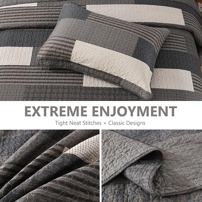 100% Cotton 128"x120" Oversized Quilt Bedspread, Plaid Pattern California King Extra Large Quilt Bedding Set, Cal King XL Bed Spread Lightweight Comforter, Gray, 3Pcs