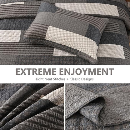100% Cotton 120"x102" Oversized Quilt Bedspread, Plaid Pattern Oversized Queen Extra Large Quilt Bedding Set, XL Bed Spread Lightweight Comforter, Gray, 3Pcs