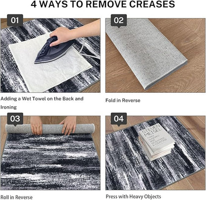 Modern Abstract Runner Rug 2x5, Black Grey Washable Kitchen Runner Entryway Rug Mat Non-Slip Soft Hallway Rug Runner Thin Print Faux Wool Carpet for Bedroom Laundry Room Indoor