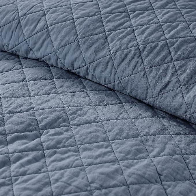 WDCOZY 100% Pre-Washed Cotton Twin Size Quilt Set - Dusty Blue Ruffle Box Soft Lightweight Bedspread, Textured Like Linen, Farmhouse Country Rustic Coverlet, Shabby Chic Gauze Bedding, 2 Pieces