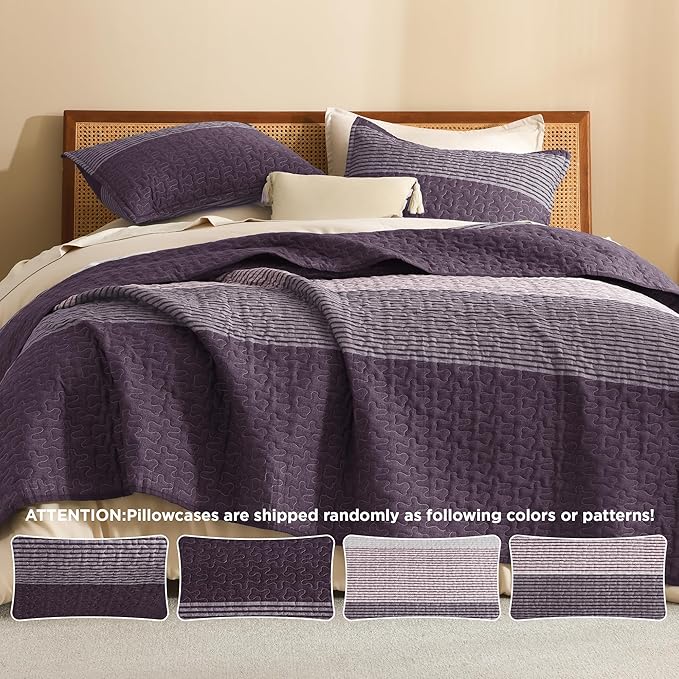 Litanika Quilt Queen Size Purple and Grey, Stripe Patchwork Summer Bedspread Coverlet 3 Pieces, Soft Lightweight Microfiber Quilted Bedding Set for All Season(1 Quilt, 2 Pillowcases)