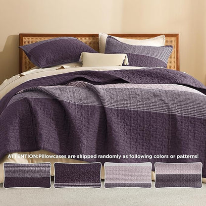 Litanika Quilt King Size Purple and Grey, Stripe Patchwork Summer Bedspread Coverlet 3 Pieces, Soft Lightweight Microfiber Quilted Bedding Set for All Season(1 Quilt, 2 Pillowcases)
