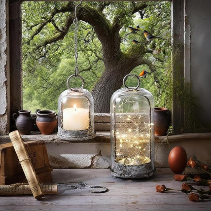 6" & 4" Wide Versatile Modern Metal Hurricane Lantern with Handmade Sturdy Glass Dome in Shabby Black for Pillar Candle & Plants, Industrial, Farmhouse, Shabby Chic (Black Shabby, 4"x7.5" &6.3"x11.2")