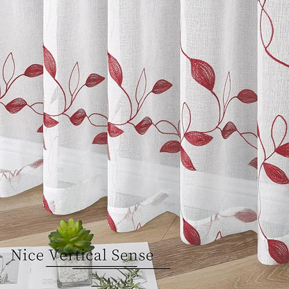 Tollpiz Burgundy Red Leaf Sheer Curtain Leaves Embroidered Living Room Short Curtains Rod Pocket Voile Window Treatment for Bedroom, 54 x 54 inches Long, Set of 2 Panels