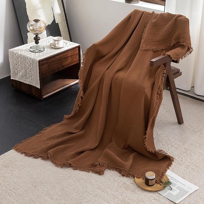 FOSSA Muslin Blanket with Fringe - 4-Layer 100% Cotton Gauze Super Soft & Breathable Throw -Lightweight Decorative Cooling Blanket for Bed, Sofa, Office (Dark Orange, Queen (90" × 90"))