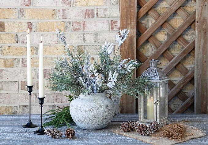 Rustic White Two-Ear Ceramic Vase with Hand-Glazed, Textured Pottery Vase with Two Ears for Centerpieces, Kitchen, Living Room, Bedroom Decor Gifts (Rustic White, Short)