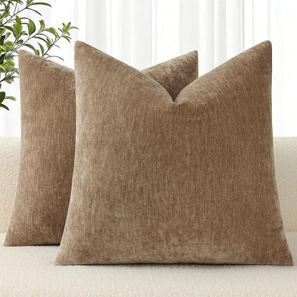 decorUhome Chenille Reddish Brown Throw Pillow Covers 24x24 Inch Set of 2, Decorative Soft Couch Pillow Covers Solid Dyed Accent Velvet Farmhouse Neutral Square Pillow Cases for Sofa Bed Living Room