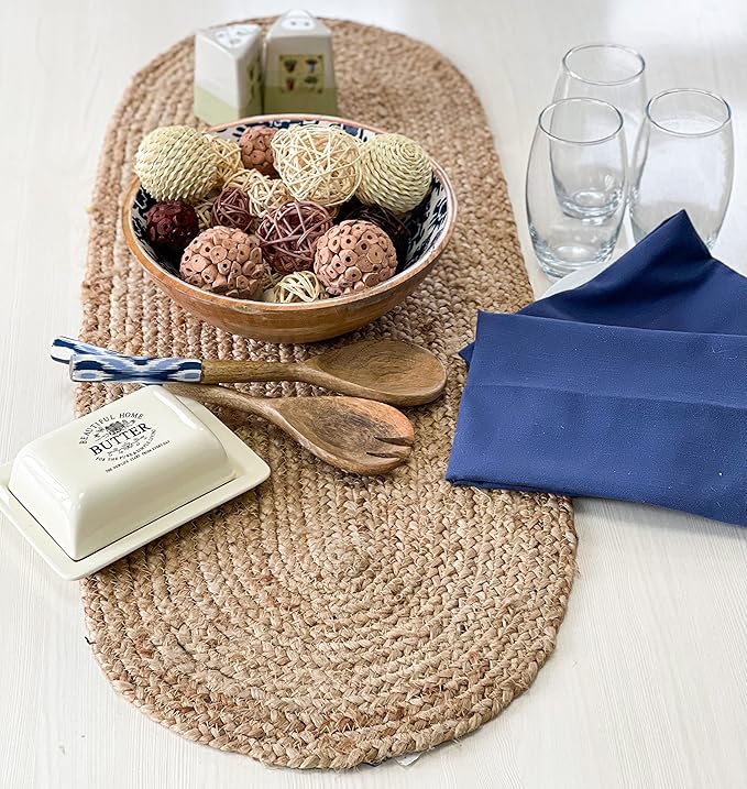 Chardin home Jute Braided Oval Table Runner | Boho Table Runner | Artisanal Center Piece for Table, Chests, Counter Tops and More | Handmade Natural Jute 13"x36"