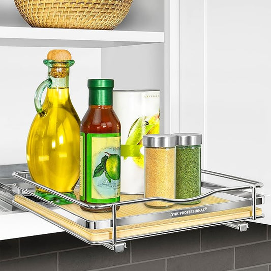 LYNK PROFESSIONAL® Élite™ Pull Out Spice Rack Organizer for Inside Kitchen Cabinets - 10-3/8 inch Wide - Slide Out Drawer – Wood/Chrome Sliding Spice Cabinet Organization Shelf Racks - 1 Tier