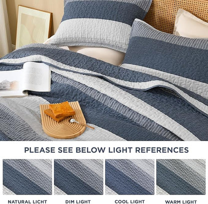 Litanika Oversized King Quilt Set Navy Blue, 120x120 Stripe Bedspread Coverlet 3 Pieces, Navy Blue Lightweight Quilted Bedding Set for All Season(Super King-1 Quilt, 2 Pillowcases)