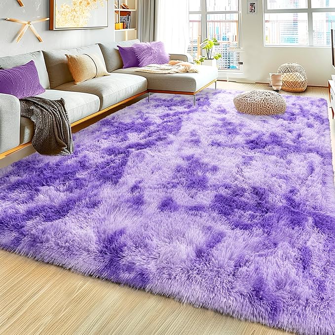 Large 9x12 Area Rug for Living Room, Soft Shag Thick Fluffy Carpet for Bedroom, Plush Fuzzy for Girls Boys Kids Room Non Slip Dorm Home Decor Aesthetic, Tie-Dyed Purple