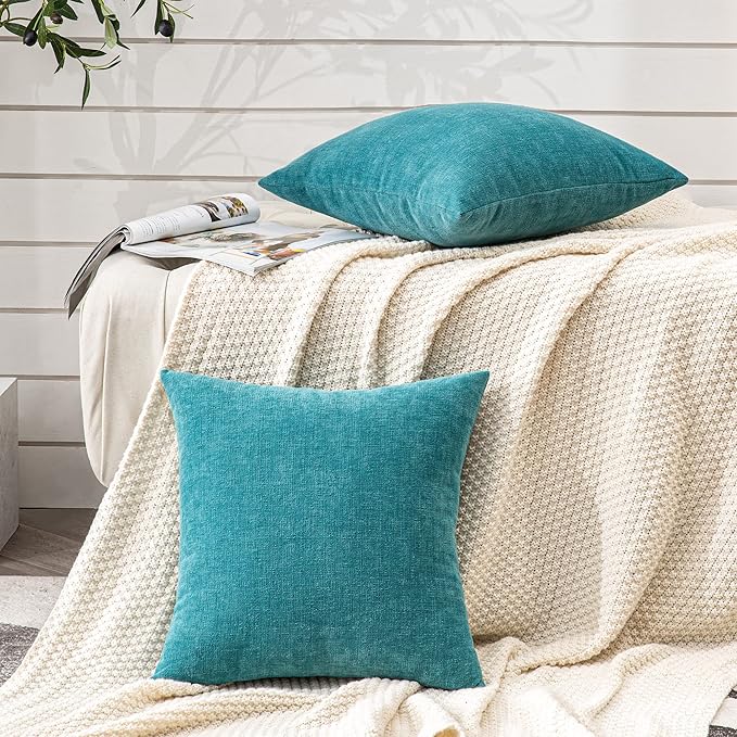 GAWAMAY Decorative Square 16x16 Inch Throw Pillow Covers Set of 2, Super Soft Chenille Pillows Farmhouse Fall Pillowcase for Living Room Bedroom Sofa Couch Cushion Cover Teal 40x40cm (No Insert)