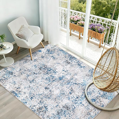 Modern Abstract Washable Area Rugs - 4x6 Contemporary Soft Mat Stain Resistant Non Slip Low Pile Indoor Throw Rug for Bedroom Kitchen Office Chair Desk - Grey/Blue