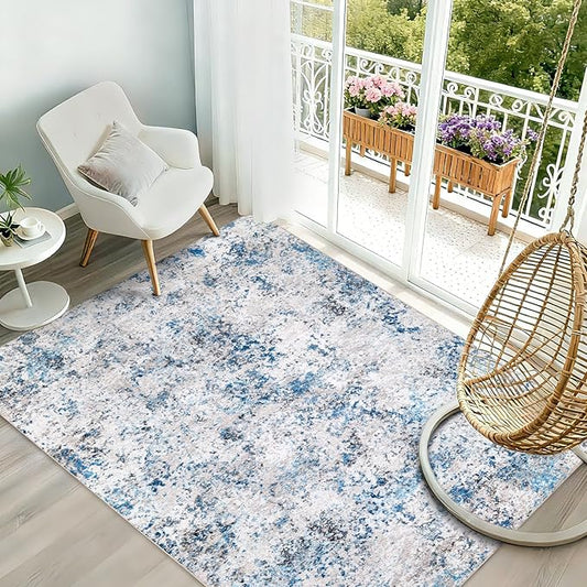 Modern Abstract Washable Area Rugs - 4x6 Contemporary Soft Mat Stain Resistant Non Slip Low Pile Indoor Throw Rug for Bedroom Kitchen Office Chair Desk - Grey/Blue