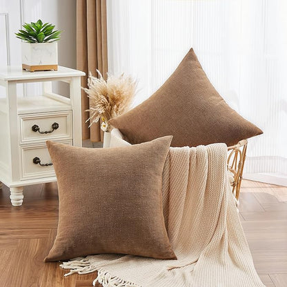 GAWAMAY Decorative Chenille Throw Pillow Covers 26x26 Inch Pack of 2, Soft Square Couch Pillow Cover for Sofa Cushion Living Room Bedroom Solid Dyed Oversized Pillowcases Brown 66x66cm (ONLY Covers)