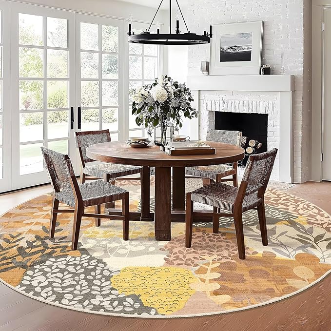 DEXDE Large Round Rug 9ft Washable Circle Area Rugs Non Slip Low Pile Boho Floral Circular Carpet for Bedroom Bathroom Entryway Kids Room Office Dining Room,Camel