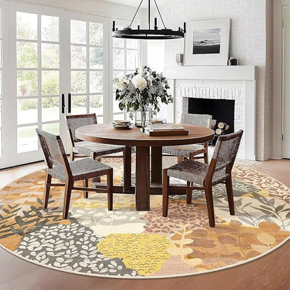 DEXDE Large Round Rug 9ft Washable Circle Area Rugs Non Slip Low Pile Boho Floral Circular Carpet for Bedroom Bathroom Entryway Kids Room Office Dining Room,Camel