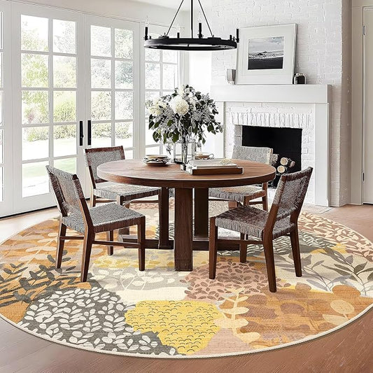 DEXDE Large Round Rug 9ft Washable Circle Area Rugs Non Slip Low Pile Boho Floral Circular Carpet for Bedroom Bathroom Entryway Kids Room Office Dining Room,Camel