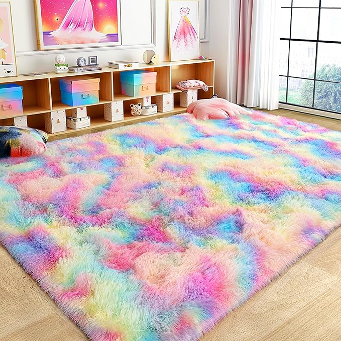 Ultra Fluffy Area Rugs for Living Room Bedroom, 6x9 Fuzzy Large Living Room Rugs, Thick Shag Rug for Dorm, Soft Non Slip Kids Girls Boys Rug for Home Decor Aesthetic, Rainbow