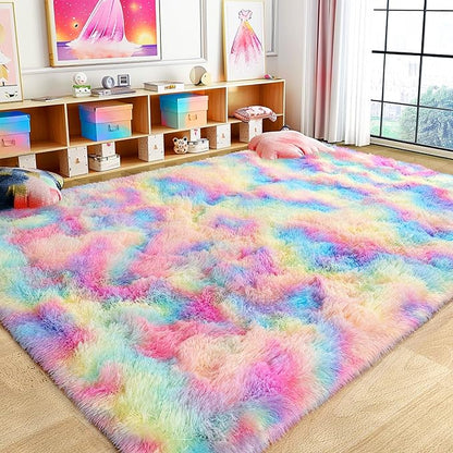 Large 9x12 Area Rug for Living Room, Ultra Soft Shag Thick Fluffy Plush Fuzzy Carpet for Bedroom, Girls Boys Kids Room Non Slip Dorm Rug for Home Decor Aesthetic, Rainbow