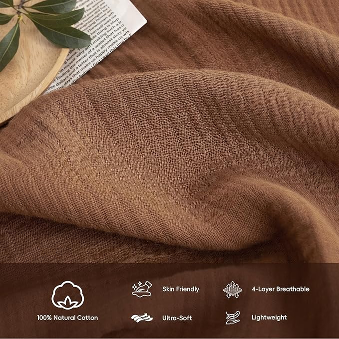 FOSSA Muslin Blanket with Fringe - 4-Layer 100% Cotton Gauze Super Soft & Breathable Throw -Lightweight Decorative Cooling Blanket for Bed, Sofa, Office -Throw XL Size 50" × 70" (Dark Orange)