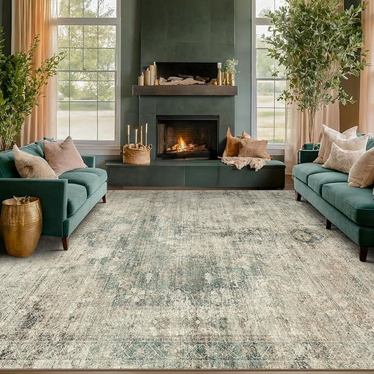 Neutral Dark Rugs for Living Room - 6x9 Washable Rug for Dining Room Table, Bedroom Under Bed, Ultra-Thin Soft Textured Moss Green Indoor Decor