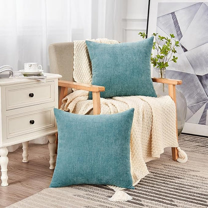 GAWAMAY Decorative Chenille Throw Pillow Covers 26x26 Inch Pack of 2, Soft Square Couch Pillow Cover for Sofa Cushion Living Room Bedroom Oversized Pillowcases Smoke Blue 66x66cm (ONLY Covers)
