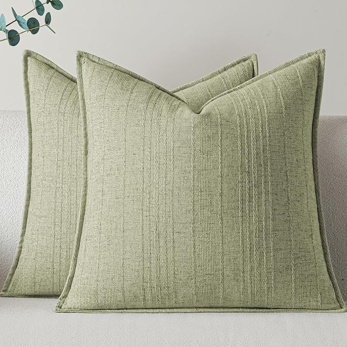 a moment Linen Pillow Covers Set of 2,Boho Farmhouse Throw Pillowcases Neutral Textured Decorative Covers for Couch Sofa,Linen Blend Accent Case Cushion Living Room Home Decor 26"x26"Seeding Green