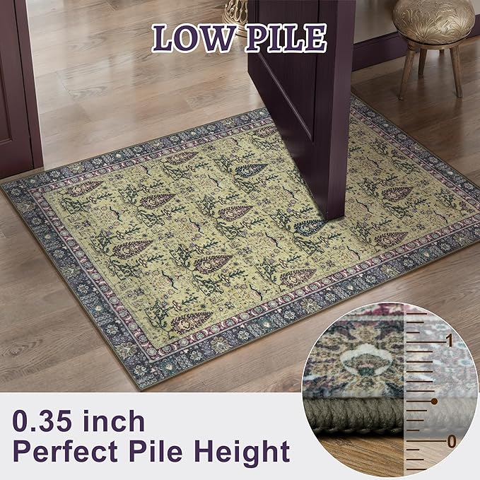 Tangsoo 2x3 Small Washable Entry Rug, Vintage Boho Purple Floral Rug for Entryway Bedroom Entrance, Non Slip Soft Low Pile Door Mat Throw Carpet for Kitchen Bathroom Foyer Decor