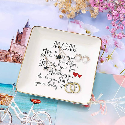 Mother's Day Gift for Mom-Unique Birthday Thanksgiving Christmas Gift for Mother-Mommy Present-Ceramic Jewelry Tray,Trinket Holder,Ring Dish-Surprise Present for Mommy-Mom,I'll Love You Forever