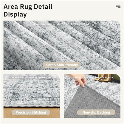Washable Area Rug 8x10, Large Soft Rugs for Living Room Farmhouse Vintage Gray Area Rugs for Bedroom Dining Room Non-Slip Stain Resistant Under Table Rug Grey